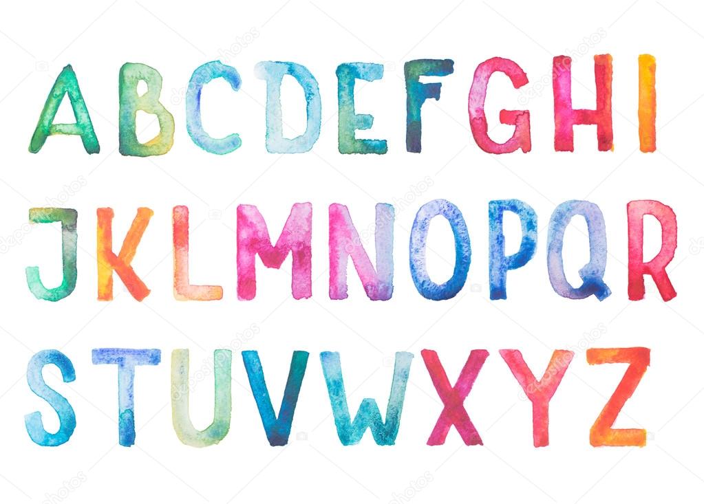 Colorful watercolor aquarelle font type handwritten hand draw doodle abc alphabet letters.