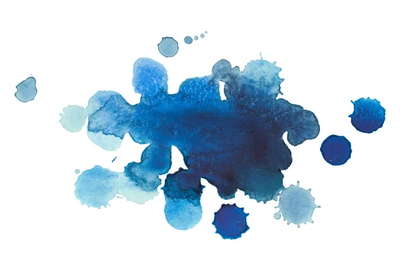 Abstraktes Aquarell von Hand gezeichnet blauer Tropfen Spritzer Fleckenmalerei auf weißem Hintergrund — Stockfoto