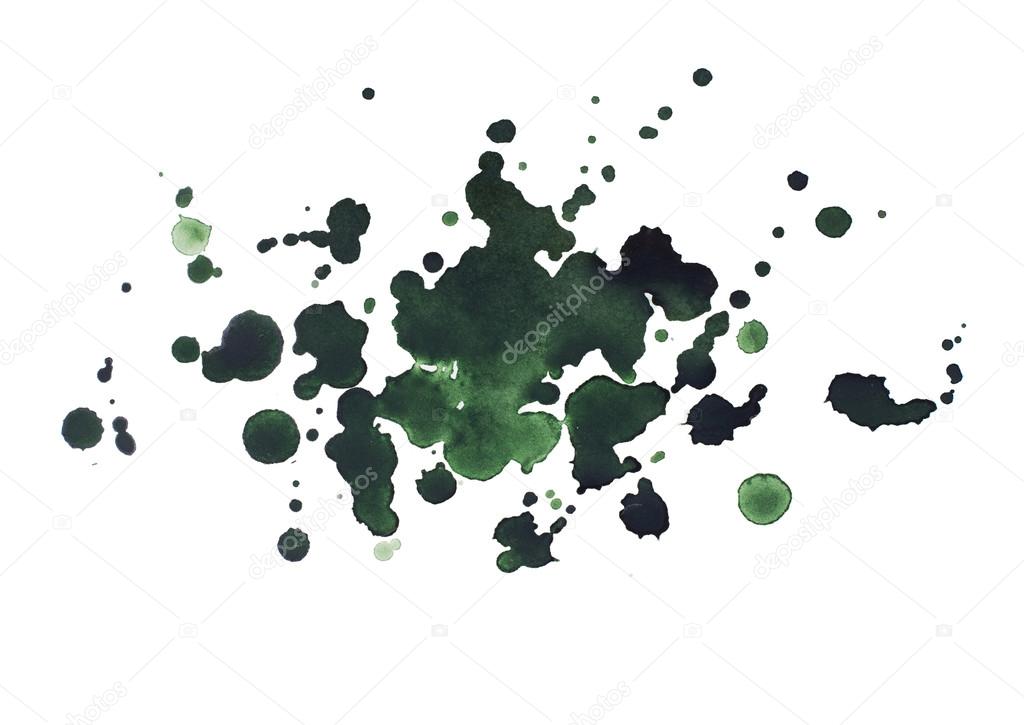 Abstract watercolor aquarelle hand drawn dark green drop splatter stain art paint on white background