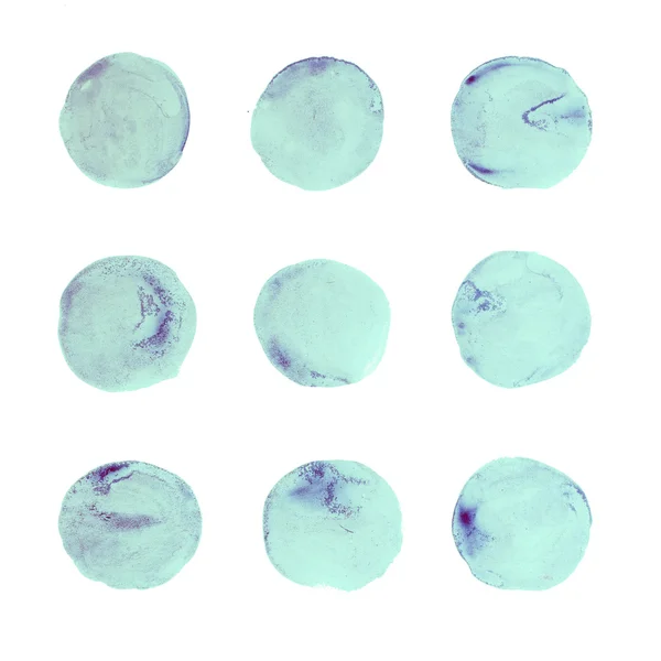 Αφηρημένη Υδατογραφία ακουαρέλα χέρι επιστήσω art μπλε κύκλο χρώμα πιτσιλίσματα λεκέ σε άσπρο φόντο — Φωτογραφία Αρχείου