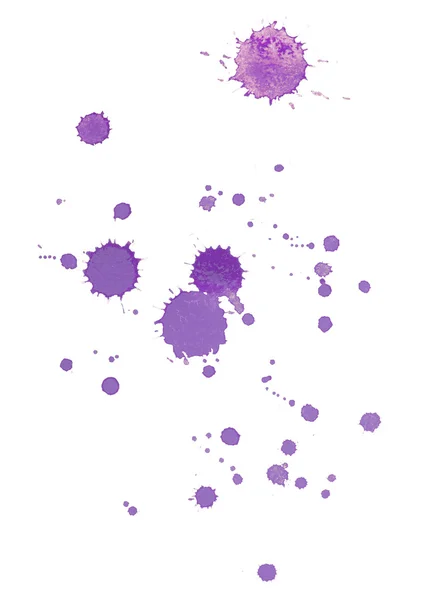 흰색 바탕에 추상 수채화 해당 손으로 그린 바이올렛 방울 튄 자국이 얼룩 아트 페인트 — 스톡 사진