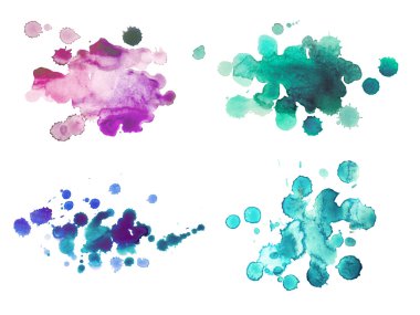 soyut suluboya aquarelle el çekilmiş renkli damla splatter leke sanat boya beyaz zemin üzerine