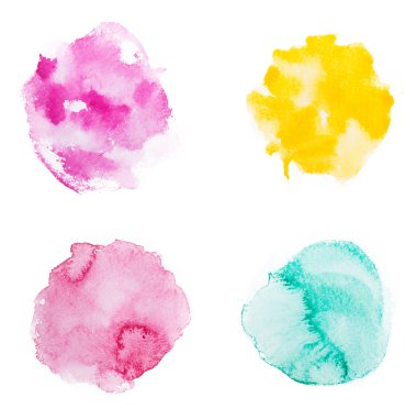 soyut suluboya aquarelle el renkli şekiller resim boya splatter leke beyaz zemin üzerine çekilmiş.