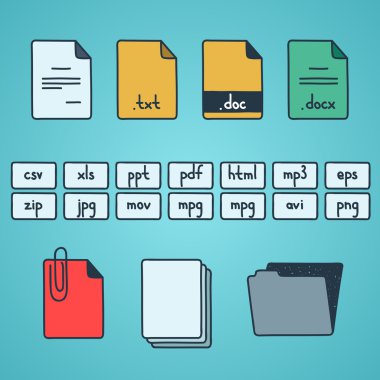 Hand draw doodle sketch set of document file fomats icons clipart
