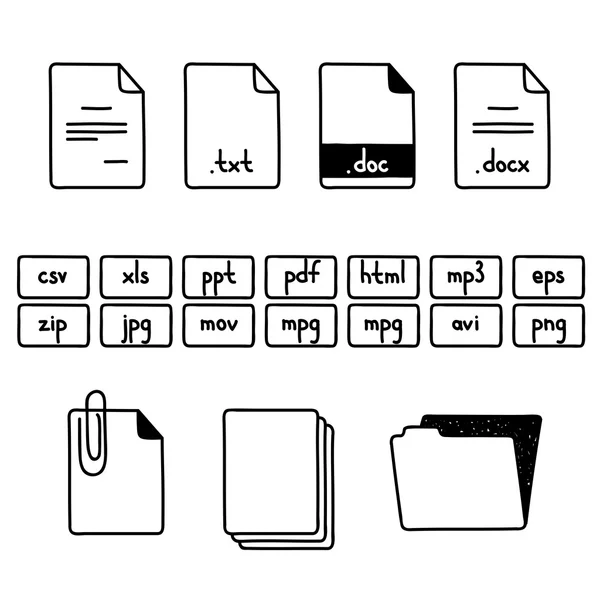 Dessin à la main croquis doodle ensemble de fichier de document fomats icônes — Image vectorielle