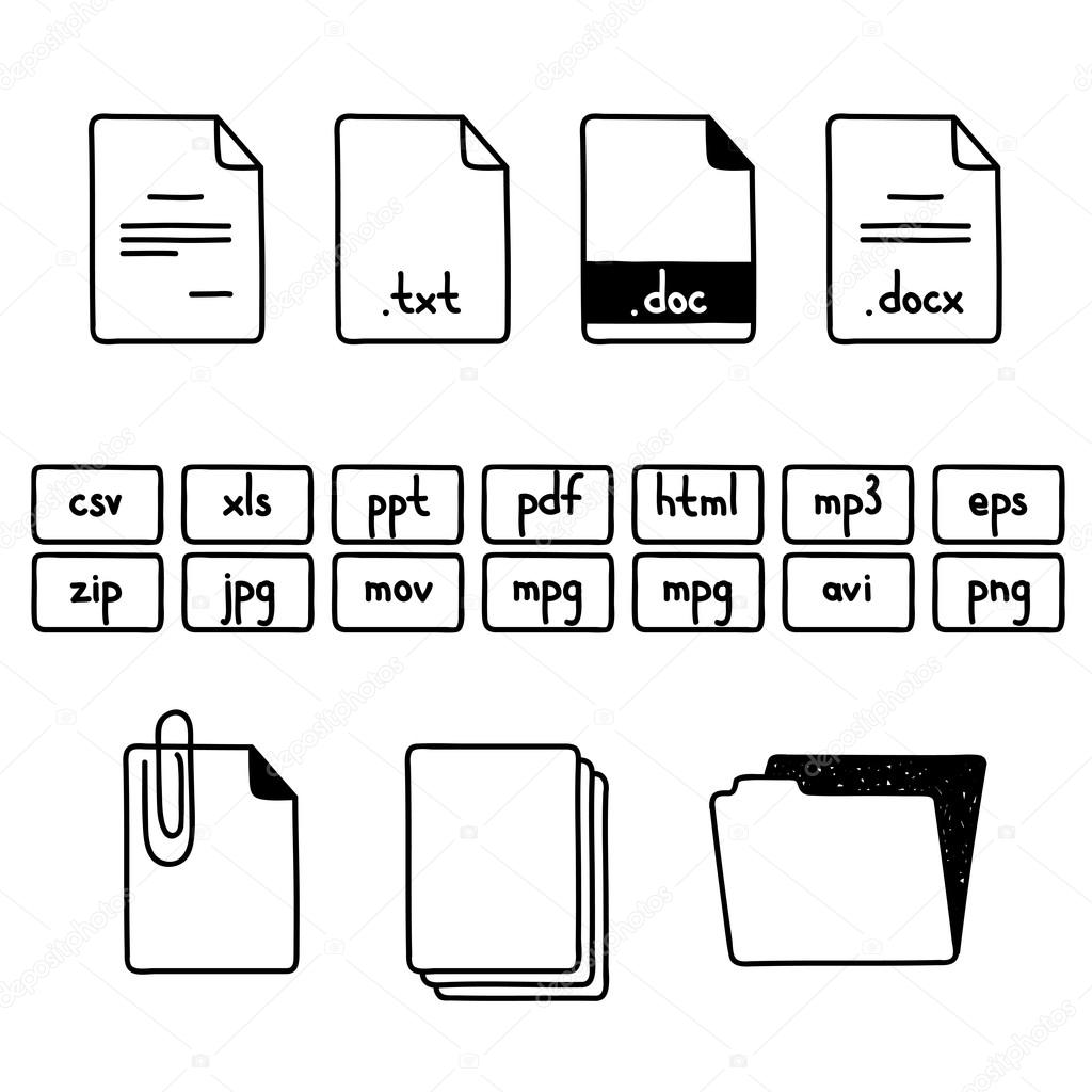Hand draw doodle sketch set of document file fomats icons