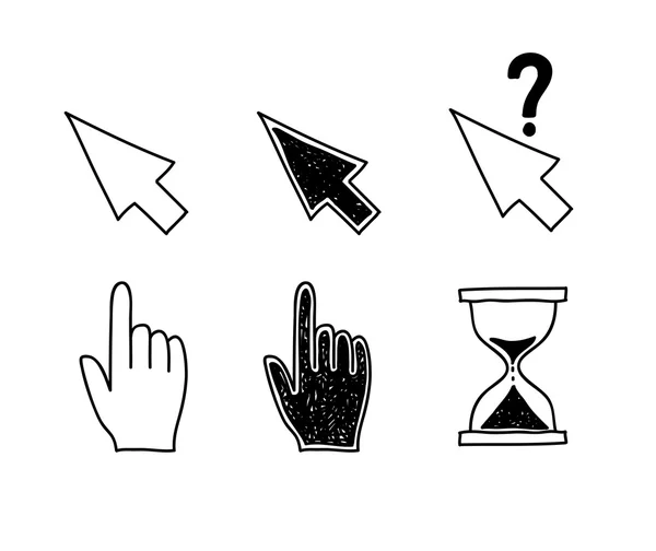 Hand drawn mouse cursors icons pointers arrow hourglass. Click, press and touch actions Vector Illustration — Stock Vector