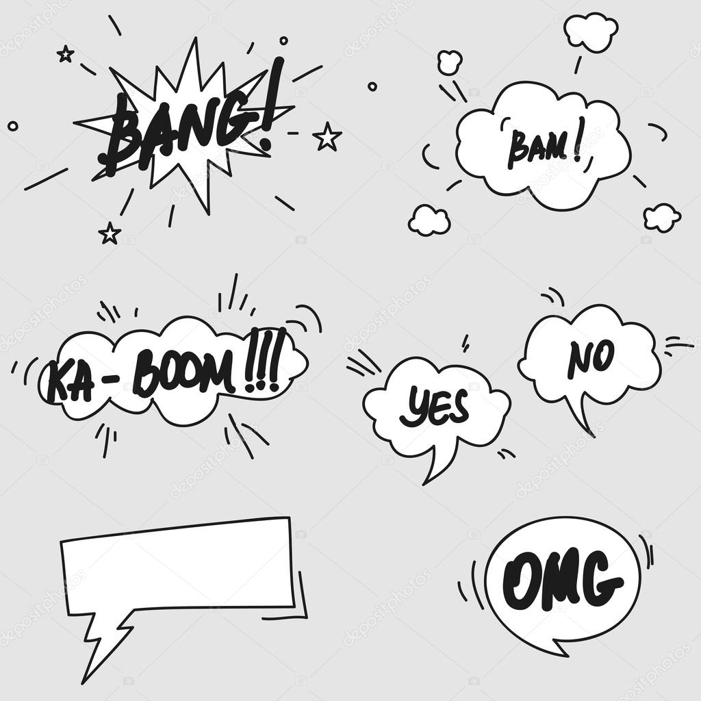 Set of hand drawn comic speech bubbles elements symbols and sound effects