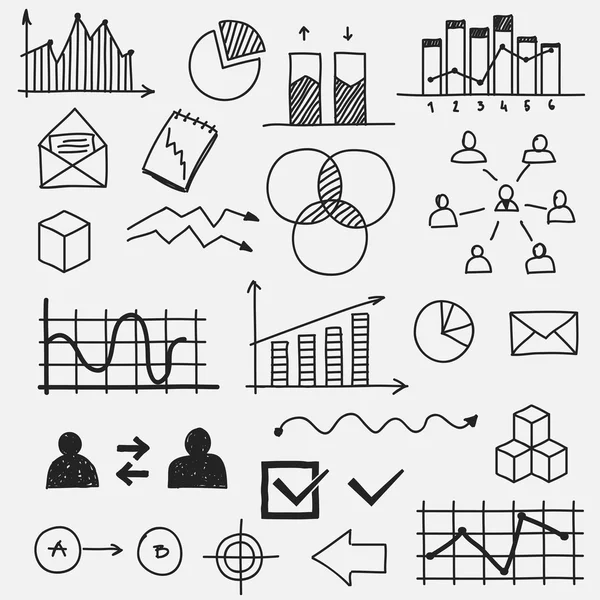 Hand getrokken zakelijke doodle schetst elementen Concept infographic Financiën analytics lessen vooruitgang — Stockvector