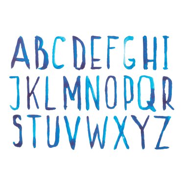 Mavi suluboya aquarelle yazı tipi el yazısı türü ele çekin doodle abc Alfabe harf ve rakam vektör çizim