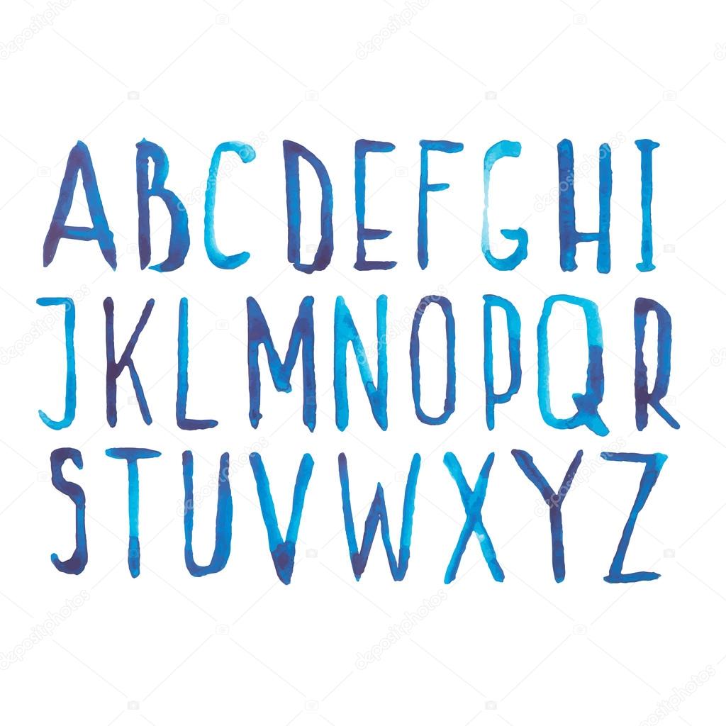 Blue watercolor aquarelle font type handwritten hand draw doodle abc alphabet letters and numbers Vector illustration