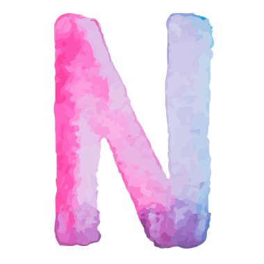 Mektup N renkli suluboya aquarelle yazı tipi el yazısı türü ele çekin doodle abc alfabesi harfleri vektör çizim.