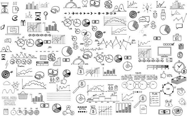 Infografik Sammlung handgezeichnete Doodle-Skizze Wirtschaft ökomomische Finanzelemente — Stockvektor