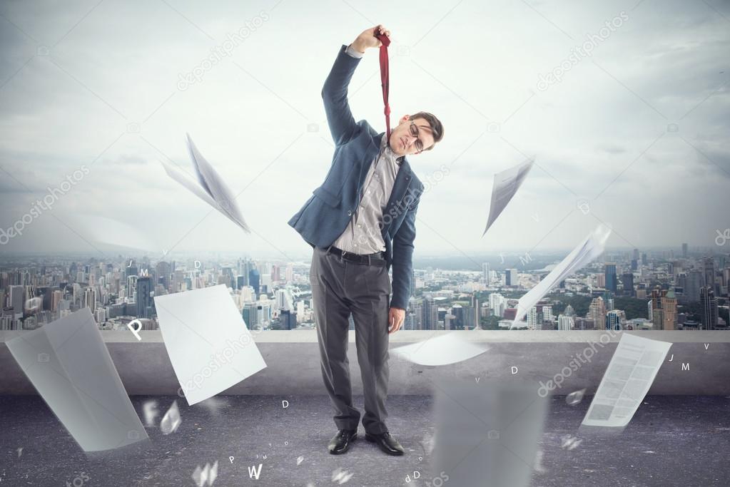 Young office worker on roof is tired to death of papers and ready hang a tie