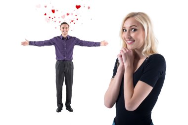 Man in love with flying valentines hearts wide open hands hugs and beautiful lovely girl adores to see him clipart