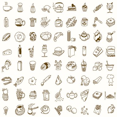 Sabah kahvaltısı öğle veya akşam yemeği mutfak doodle elle çizilmiş kroki kaba basit simgeler kahve, çay, çörek, çaydanlık, cupcake, reçel ve diğer tatlılar
