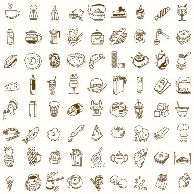 Morning breakfast lunch or dinner kitchen doodle hand drawn sketch rough simple icons coffee, tea, donut, teapot, cupcake, jam and other sweets