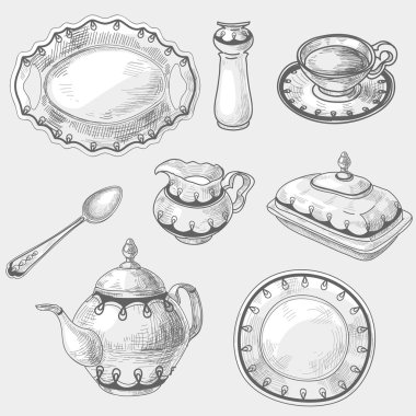 Elle çizilmiş doodle kroki mutfak porselen eşyaları, mutfak eşyaları kettler çaydanlık fincan çay kahve kaşık yemek ya da plaka.