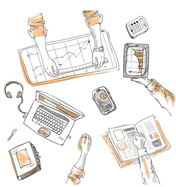 Takım çalışması, üstten görünüm insanlar kroki elle çizilmiş doodle ofis işyeri iş nesneleri ile eller ve yalan bir Danışma laptop, dijital tablet, cep telefonu üzerinde öğeleri