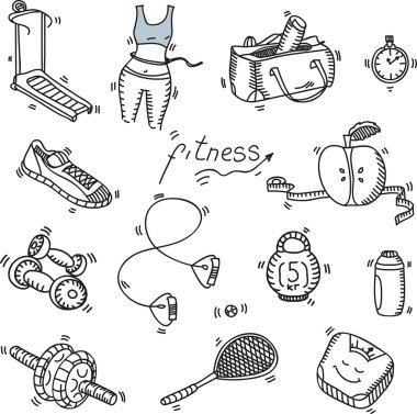Fitness ve spor kavram sağlıklı beslenme yaşam diyet elle çizilmiş doodle kroki Icons set