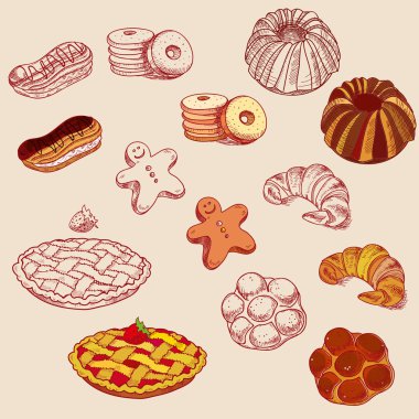 elle çizilmiş kroki şekerlemelerde tatlı pasta pastane ürünleri çörek, börek, kruvasan, tanımlama bilgisi