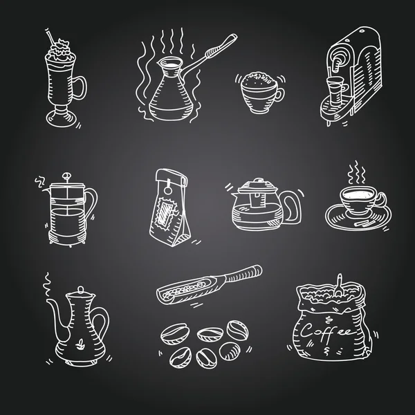 Hand ritad skiss doodle vintage enkel kaffe tema enheter coffeemaking menyn design för café och restaurang på svart bakgrund vektor illustration — Stock vektor