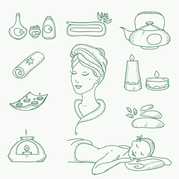 Spa doodle hand dras skiss ikoner set med handdukar doft ljus skönhet, hälsovård, kosmetika, spa och wellness vektor illustration — Stock vektor