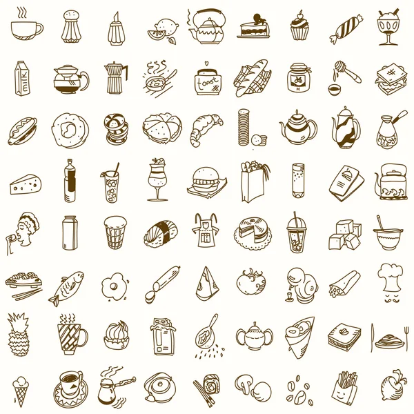 Desayuno por la mañana almuerzo o cena cocina garabato dibujado a mano boceto áspero iconos simples café, té, donut, tetera, magdalena, mermelada y otros dulces — Vector de stock