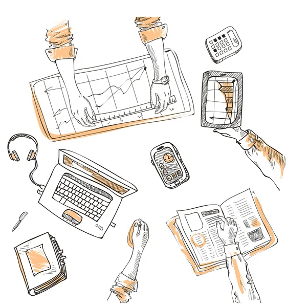 チームワーク、平面図人スケッチ手描き落書きオフィス ビジネス オブジェクトと職場を手し、机ラップトップ、デジタル タブレット、携帯電話横になっている項目 — ストックベクタ