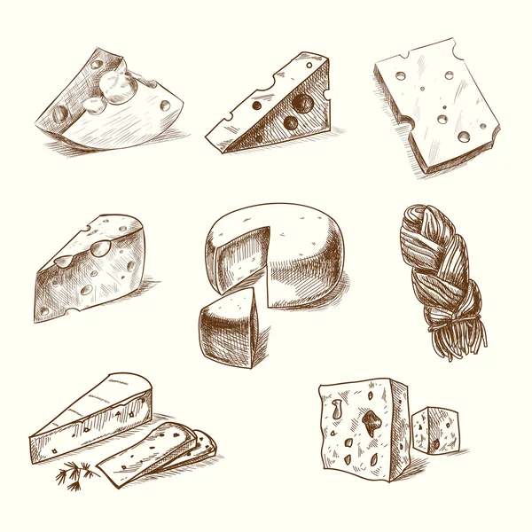 Queijo de rabiscos desenhado à mão com diferentes tipos de queijos em estilo retro estilizado —  Vetores de Stock