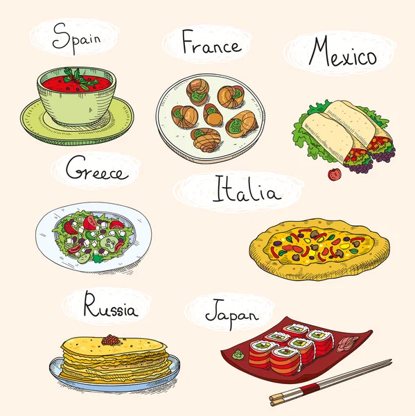 Popular comida de fama mundial restaurante internacional o platos de cocina de café cocinados — Archivo Imágenes Vectoriales