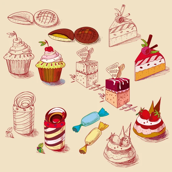 Confiseries dessinées à la main pâtisserie dessert pâtisserie produits cupcake cookie muffin — Image vectorielle