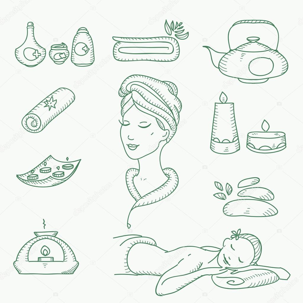 Spa doodle hand drawn sketch  icons set with  towels aroma candles beauty, health care, cosmetics, spa and wellness vector illustration