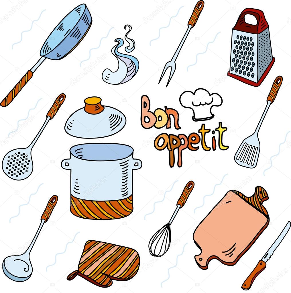 Hand drawn doodle sketch kitchen utensils for cooking Bon Appetit.