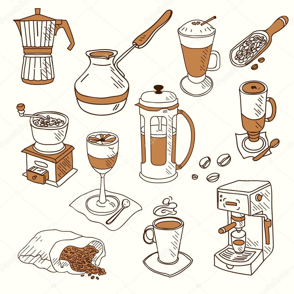 Hand drawn sketch doodle vintage simple coffee theme devices coffeemaking Menu design for cafe and restaurant Vector illustration