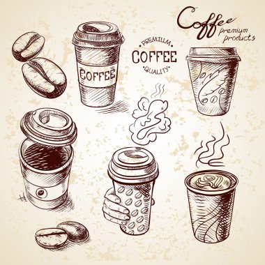 elle çizilmiş doodle kroki vintage kağıt bardak kahve paket servisi olan Restoran Menü Restoran, Cafe, bar, kahve dükkanında