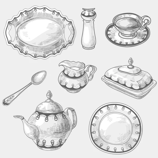 Hand dras doodle skiss porslin köksutrustning, köksredskap kettler tekanna kopp te kaffe sked skål eller tallrik. — Stock vektor