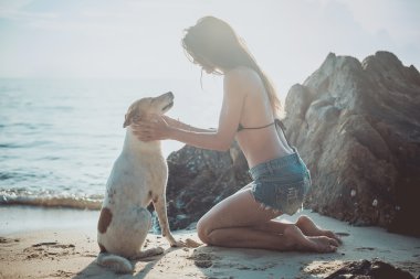 Güzel mutlu genç kadın portresi onu evde beslenen hayvan köpek günbatımı deniz kumsalda oynarken oturma desteklemek alacakaranlık gökyüzü arka plan olarak