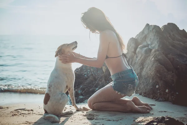 Retrato de la hermosa joven feliz sentada jugando su perro mascota puesta de sol en la playa en la orilla del mar crepúsculo cielo como fondo — Foto de Stock