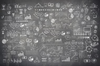 Blackboard kara tahta doku infographics koleksiyonu elle çizilmiş doodle kroki iş değişimler Maliye elemanları