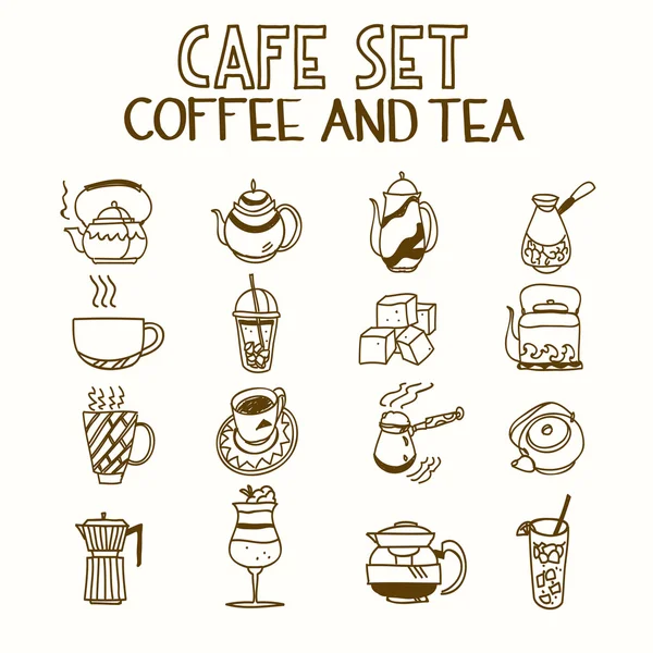 Café doodle set café y té desayuno por la mañana almuerzo o cena cocina dibujado a mano boceto áspero iconos simples — Archivo Imágenes Vectoriales