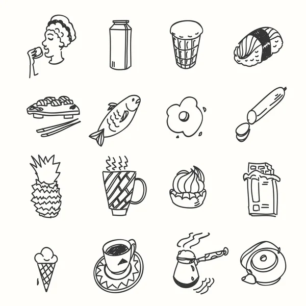 Morgon frukost lunch eller middag kök doodle hand dras skiss grov enkla ikoner — Stock vektor