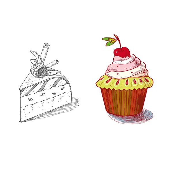 Pasteles dibujados a mano postre pastelería productos cupcake pastel muffin — Vector de stock