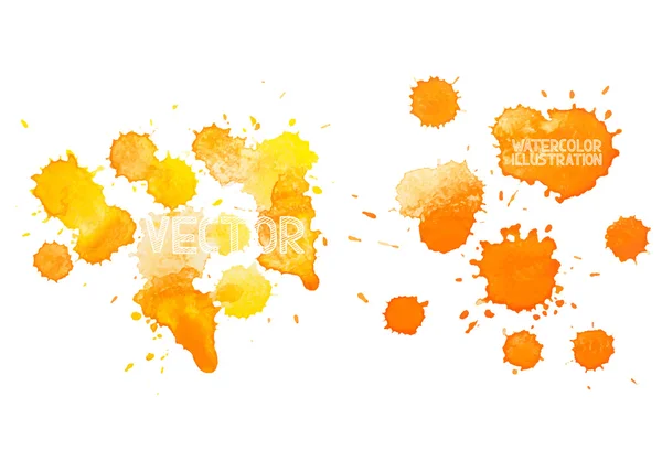 Färgglad abstrakt hand dras akvarell aquarelle gul orange konst droppe splatter fläck färg på vit bakgrund — Stock vektor