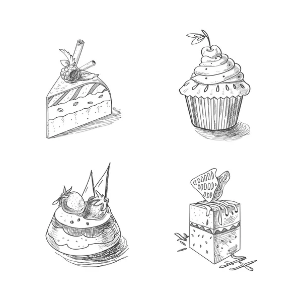 Confiseries dessinées à la main pâtisserie dessert produits de boulangerie cupcake tarte muffin — Image vectorielle