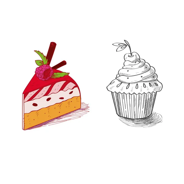 描かれた菓子デザート菓子ベーカリー製品ケーキ パイ マフィンを手します。 — ストックベクタ