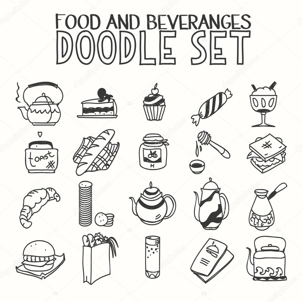 Food and beveranges morning breakfast lunch or dinner kitchen doodle hand drawn sketch rough simple icons coffee, tea, teapot, cupcake, jam other sweets