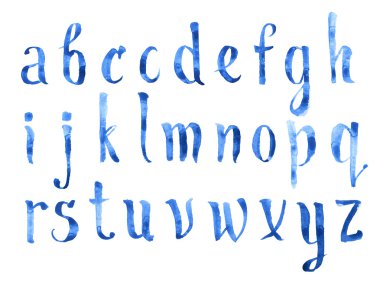 Elle çizilmiş suluboya aquarelle boyalı doodle bir fırça mavi suluboya alfabe abc yazı tipi ile el yazısı harfleri