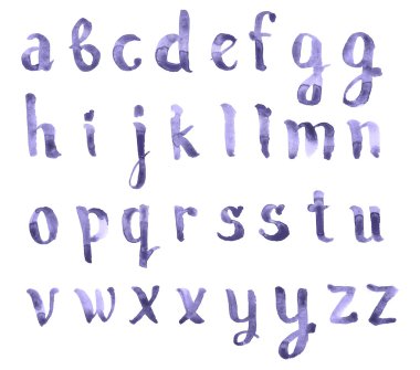 Elle çizilmiş suluboya aquarelle boyalı doodle bir fırça mavi suluboya alfabe abc yazı tipi ile el yazısı harfleri