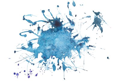 Beyaz arka plan üzerinde renkli mavi sanat boya sıçramak leke soyut suluboya aquarelle el çekilmiş.